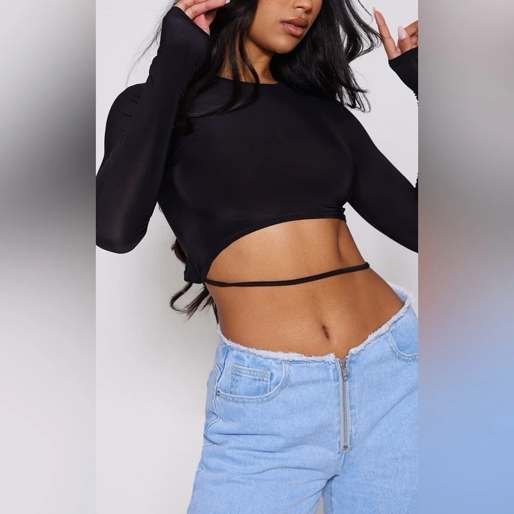 Pretty Little Thing Black Slinky Long Sleeve Crop Top Size 6